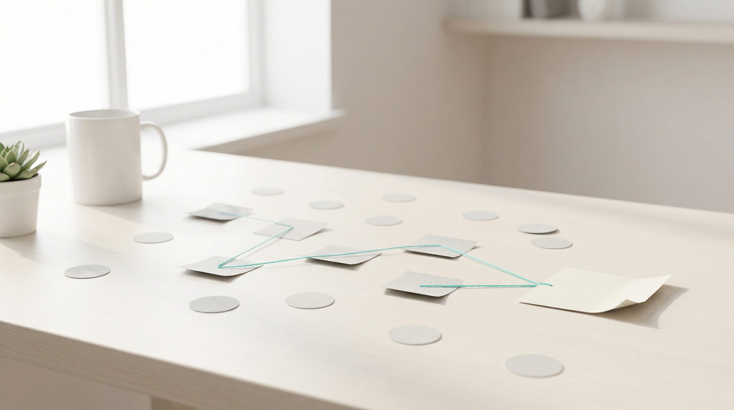 Heller Schreibtisch mit Papierkarten, die durch einen grünen Faden verbunden sind, umgeben von grauen Punkten; daneben stehen eine weisse Tasse und eine kleine Pflanze.
