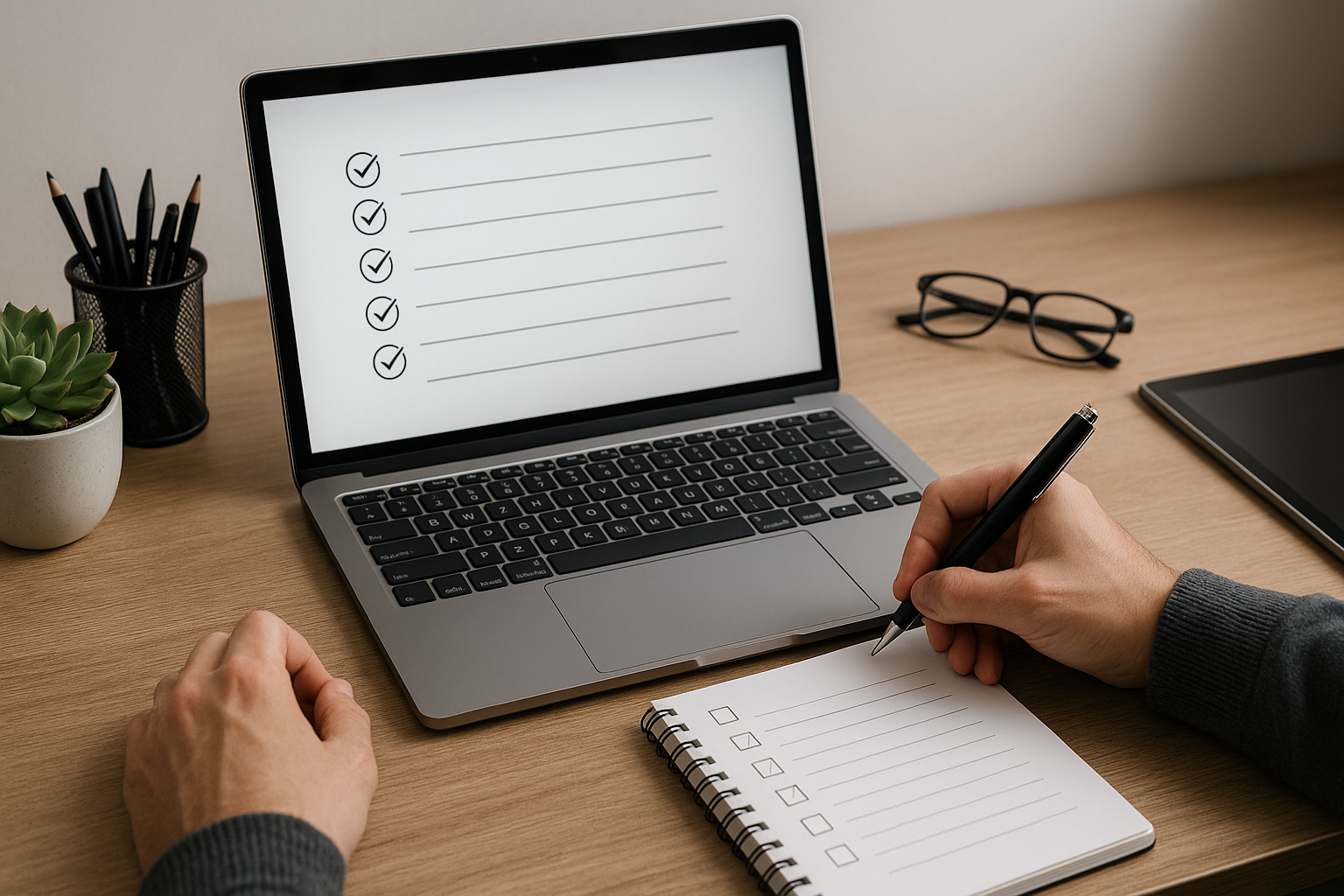 Website-Texte schreiben: Laptop mit Checkliste für 7 Tipps für mehr Wirkung